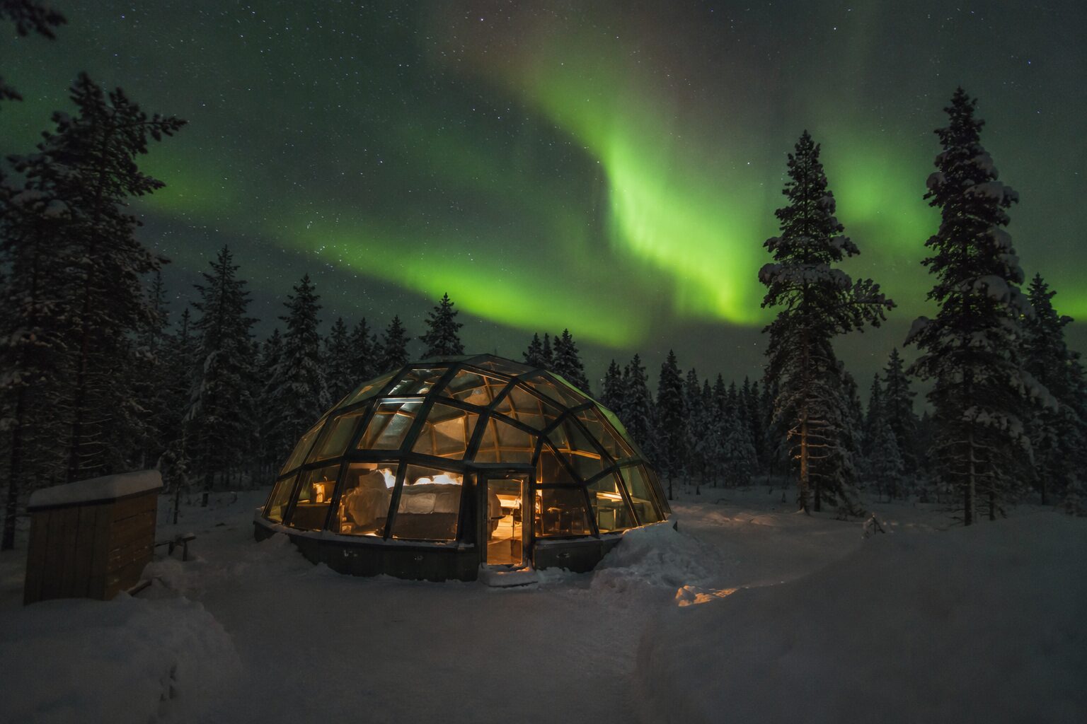 Private glass igloo beneath the Arctic sky